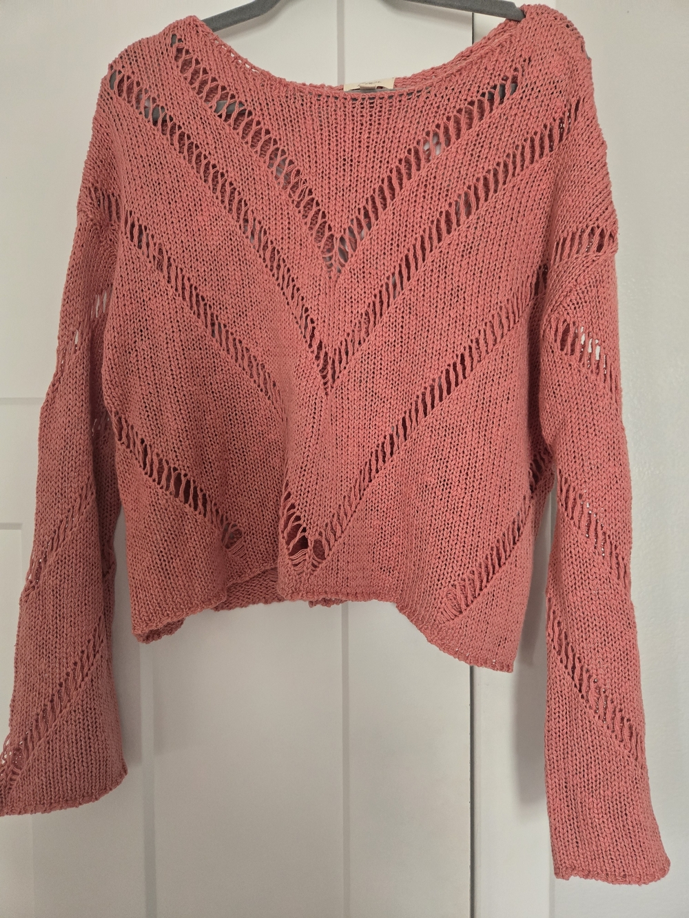 Elan Open-Knit Crop Sweater in Coral